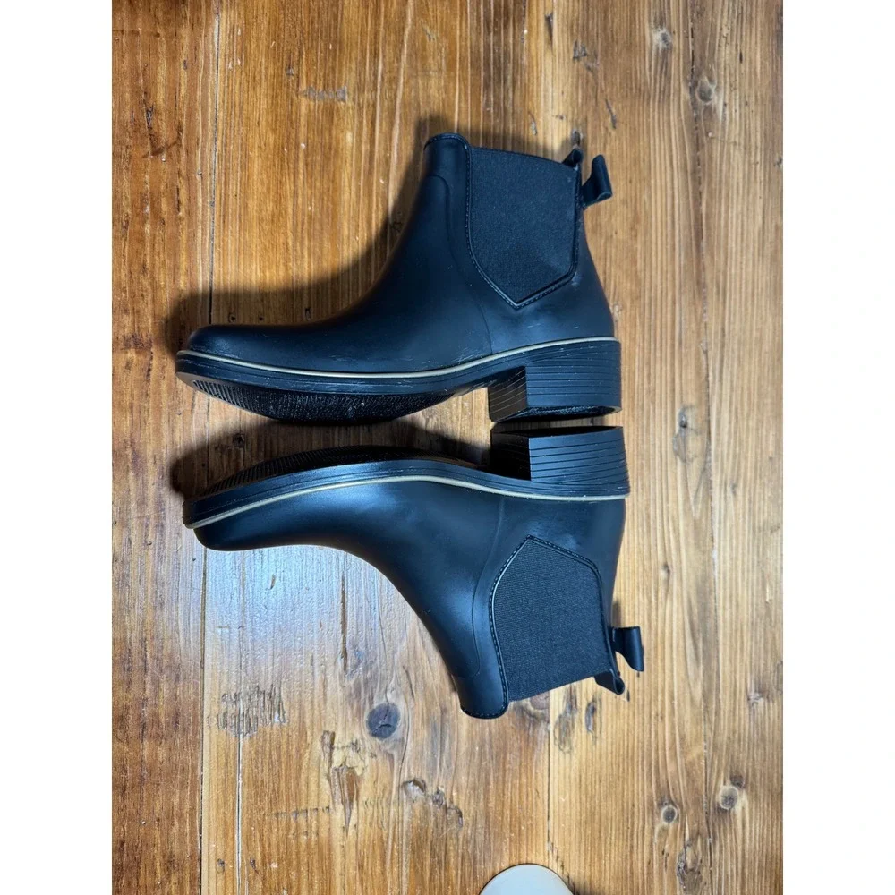 Kate Spade Edimburg Rain Boots Women 8 Black Gold Trim Bow Chelsea Ankle Boot